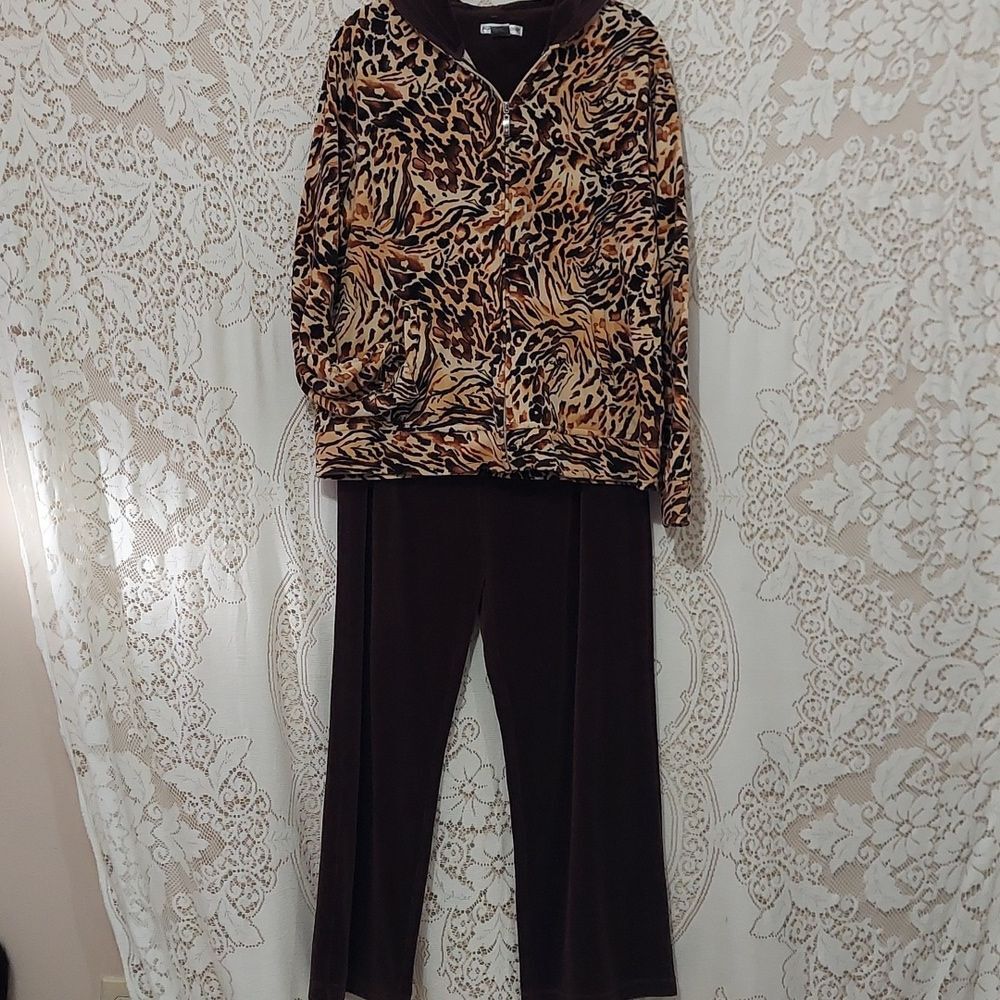 Rebecca Malone velvet like lounge tracksuit jacket w/hood L pants M (InvW017)